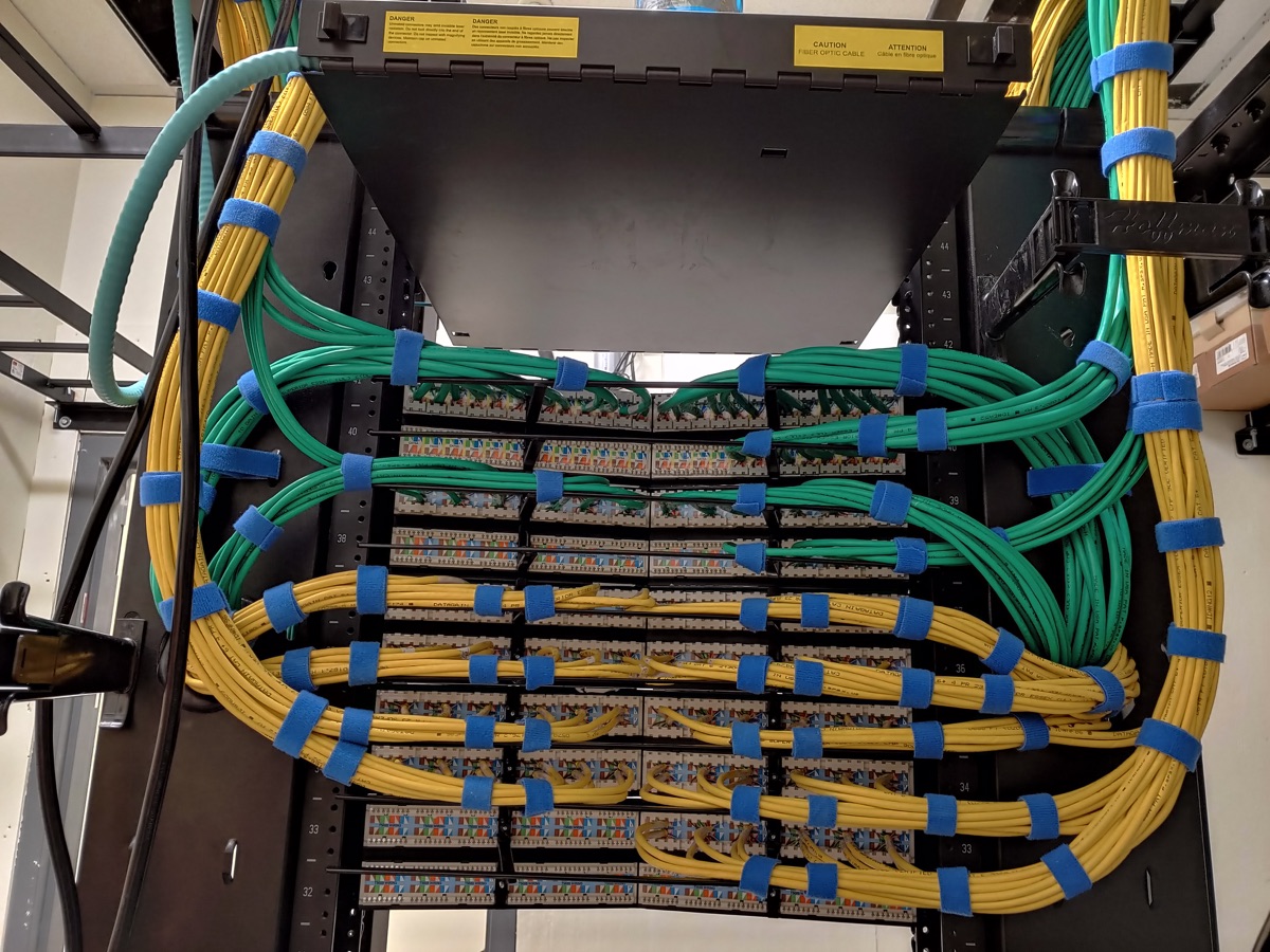 Finished commercial rack with green and yellow cabling neatly terminated